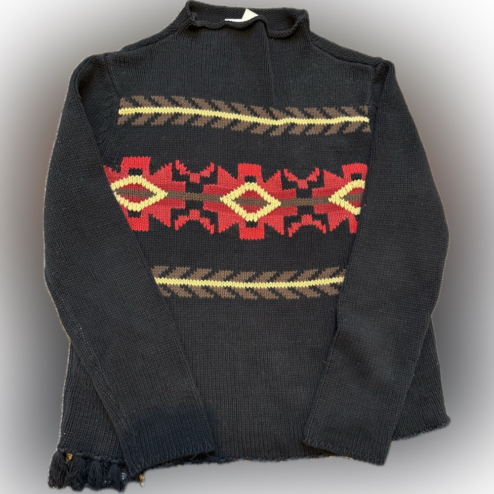 Jones New York Fringe Aztec Black and red Vintage sweater.